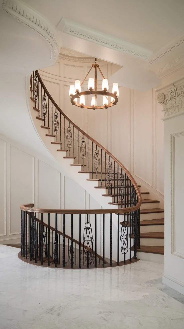 An aged brass chandelier illuminates a grand staircase, blending timeless elegance with modern design to create a breathtaking entrance that invites captivating journeys.