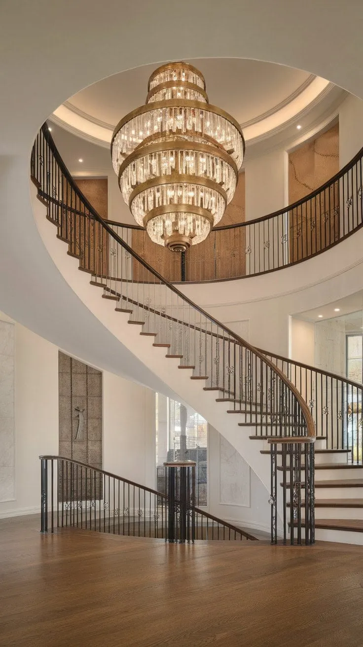 In a stunning foyer, a sleek glass staircase rises beneath a sparkling antique brass chandelier, where opulent details and gleaming hardwood floors exude timeless elegance.