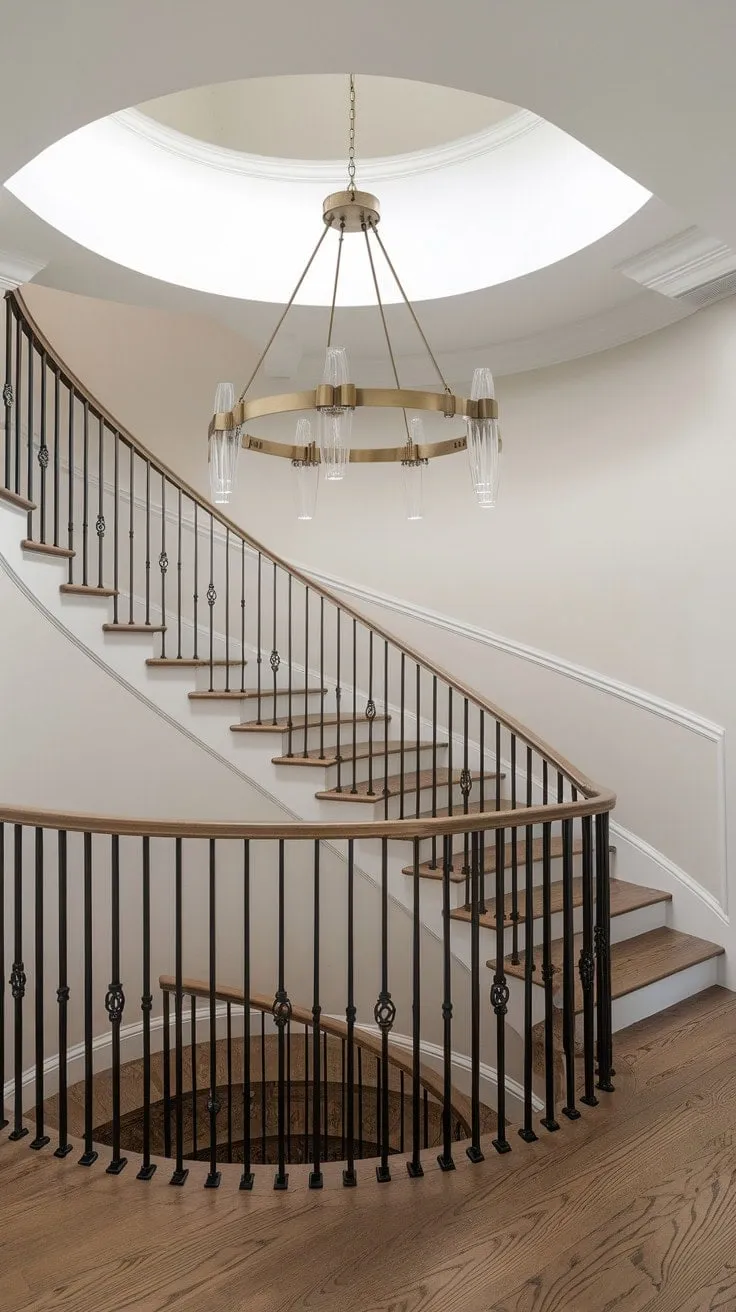 The Crystorama Lighting chandelier elegantly crowns the curved staircase, creating a breathtaking entrance that beautifully blends modern design with timeless sophistication.