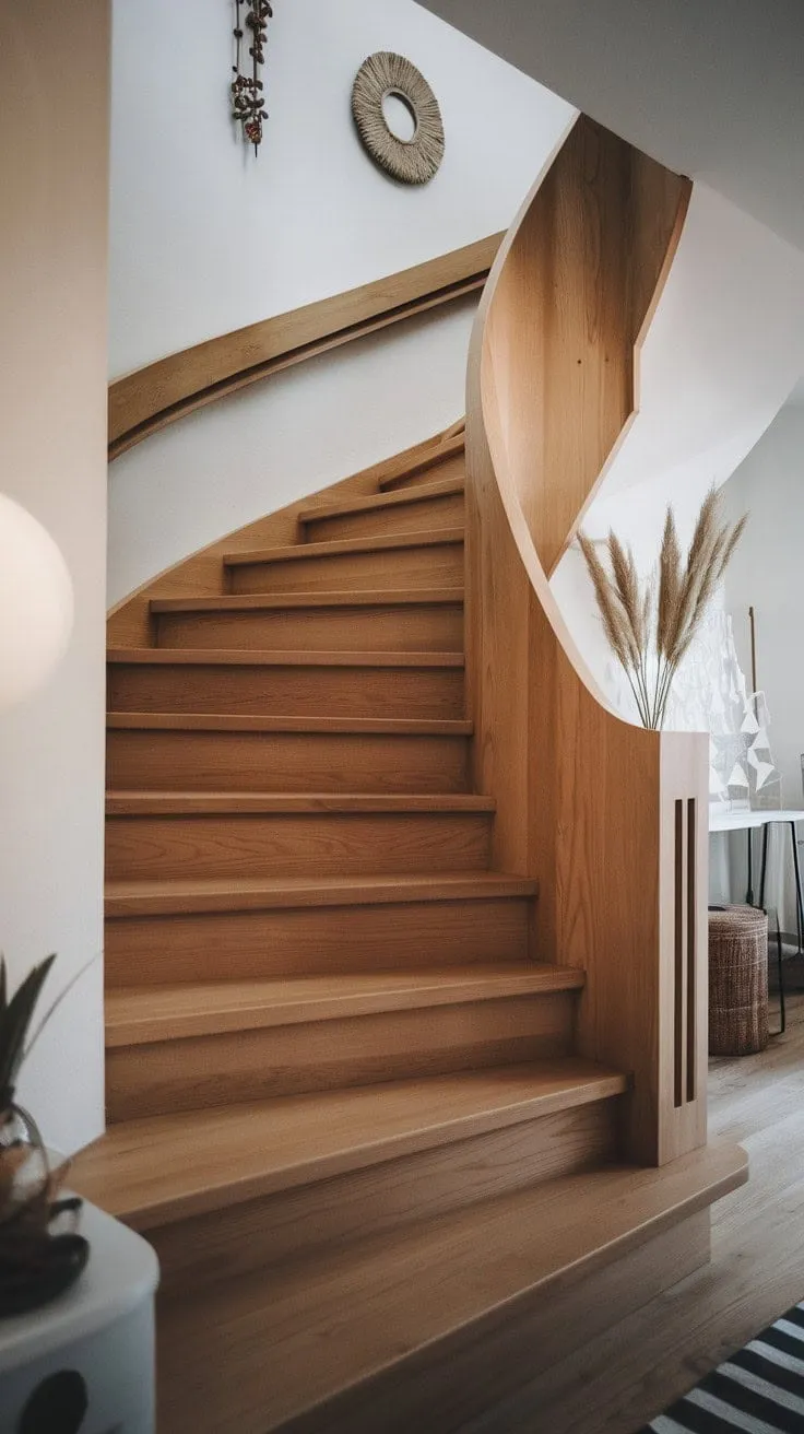 This elegantly curved wooden staircase embodies Scandinavian minimalism, seamlessly blending warmth and modernity to create a serene ascent to new heights.