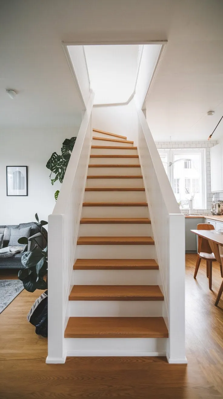 Cleverly designed with a wooden staircase and open layout, this small space exudes an expansive, inviting atmosphere that showcases the power of thoughtful design.