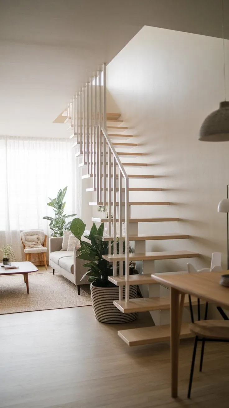 This minimalist staircase, featuring a sleek white metal railing and warm wooden treads, exemplifies how style and functionality can harmoniously coexist in a compact Scandinavian-inspired living space.