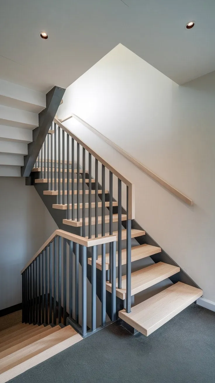 This floating staircase elegantly blends light wood and dark metal, showcasing modern design's ability to transform small spaces into architectural marvels.