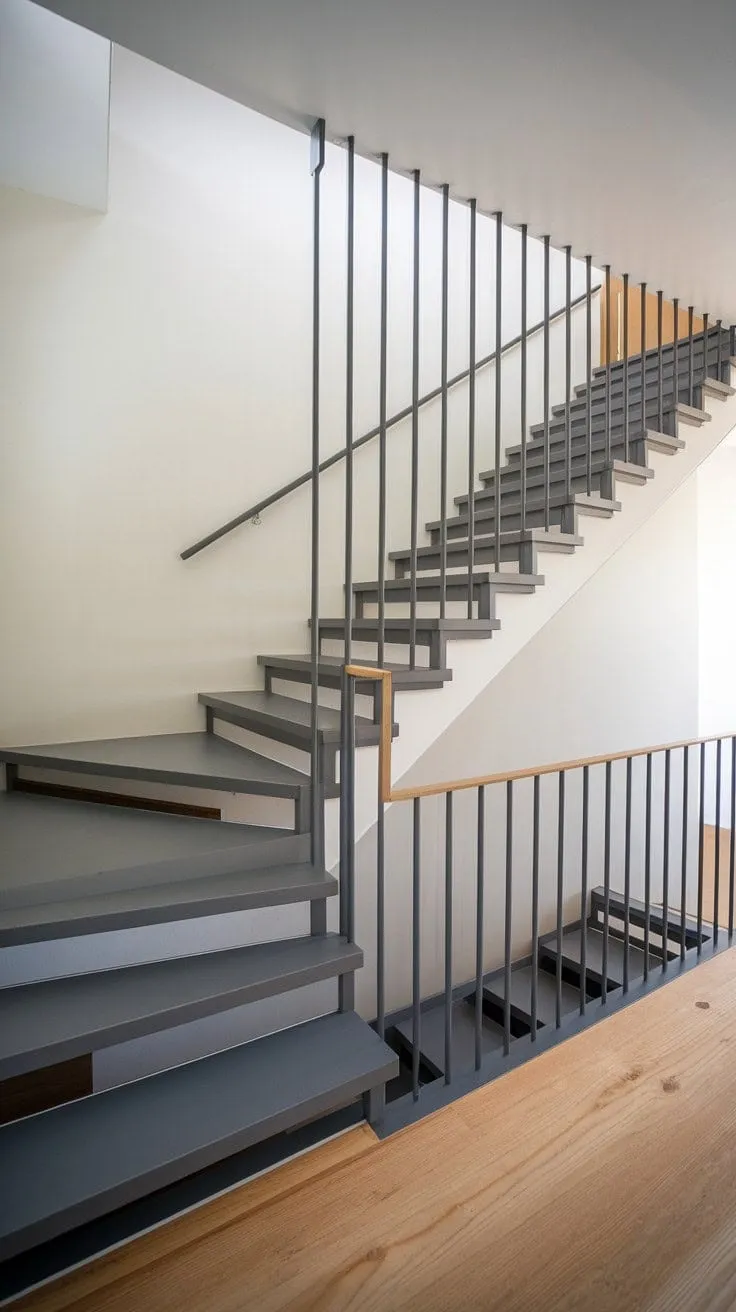 This sleek dark gray staircase exemplifies Scandinavian design by harmoniously merging minimalist aesthetics with functionality, transforming a small space into an airy haven.