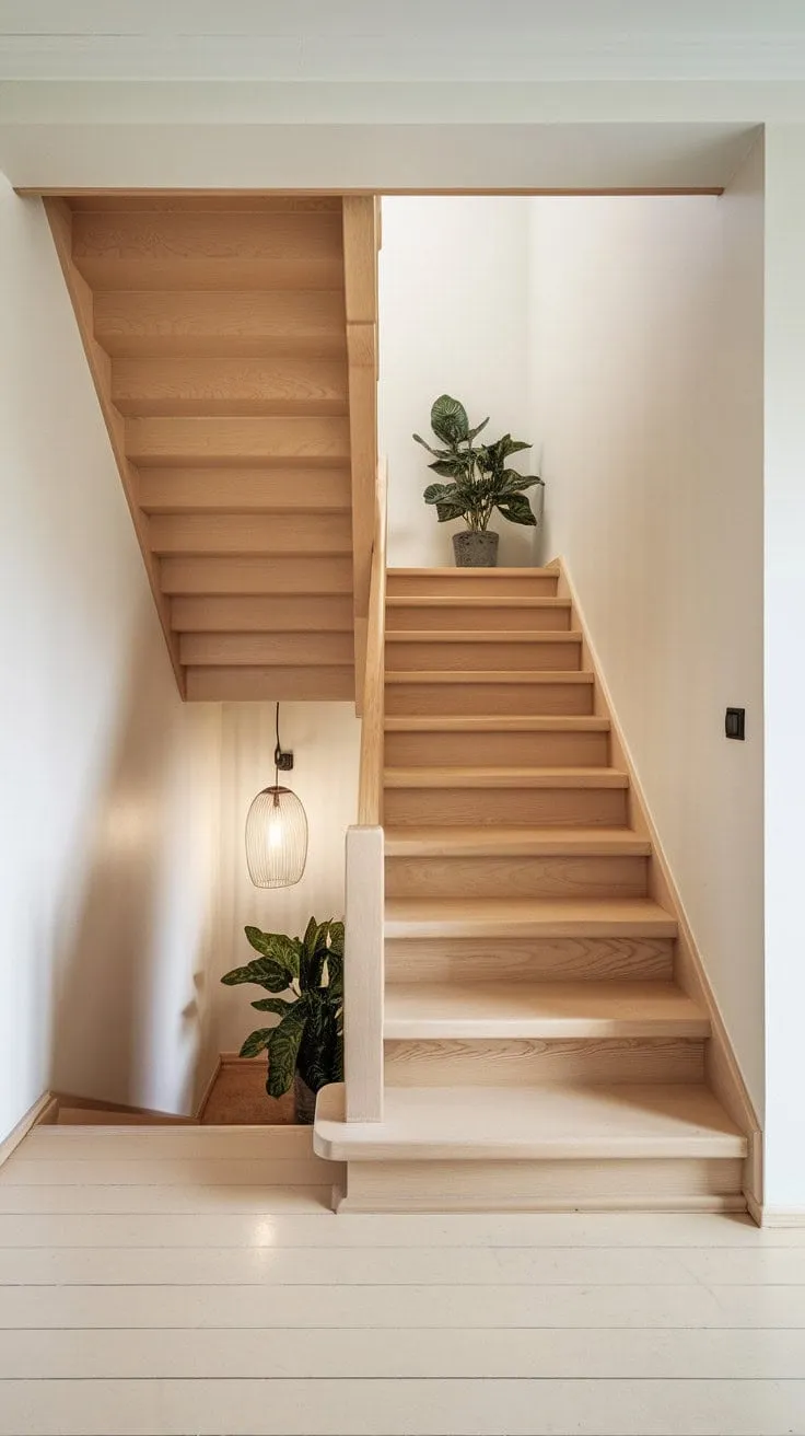 In this Scandinavian sanctuary, sunlight dances on a wooden staircase, where a simple plant and lamp infuse warmth into minimalist elegance.