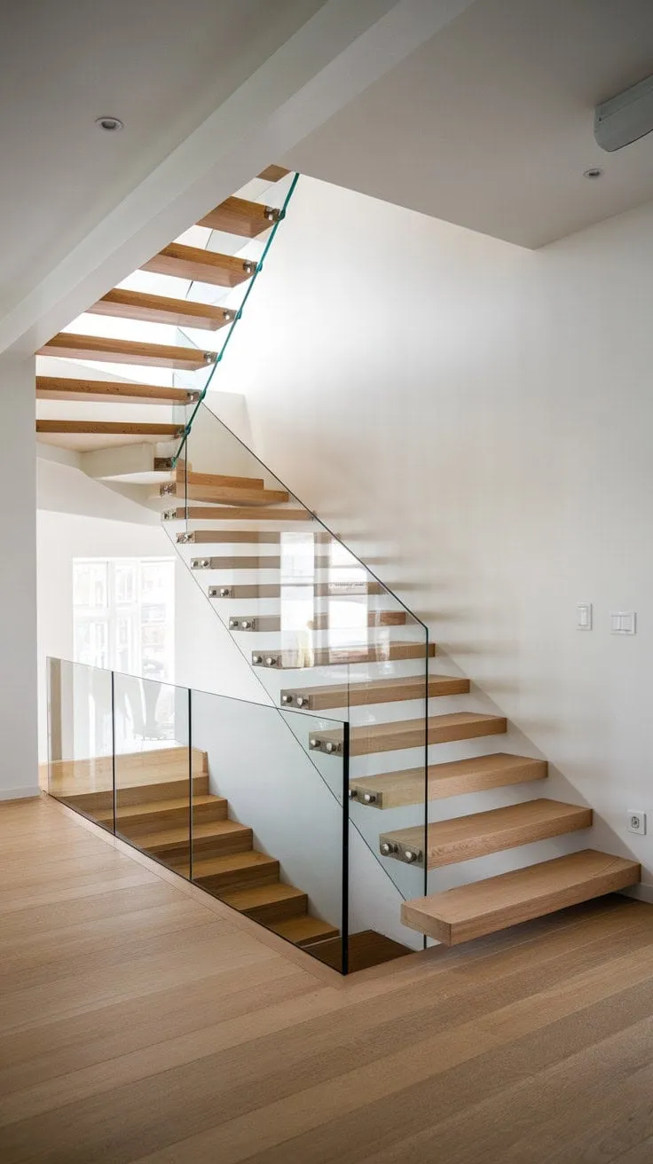 In this minimalist Scandinavian haven, a sleek wooden staircase with a glass railing ascends gracefully, embodying the perfect harmony of modern design and serene living.
