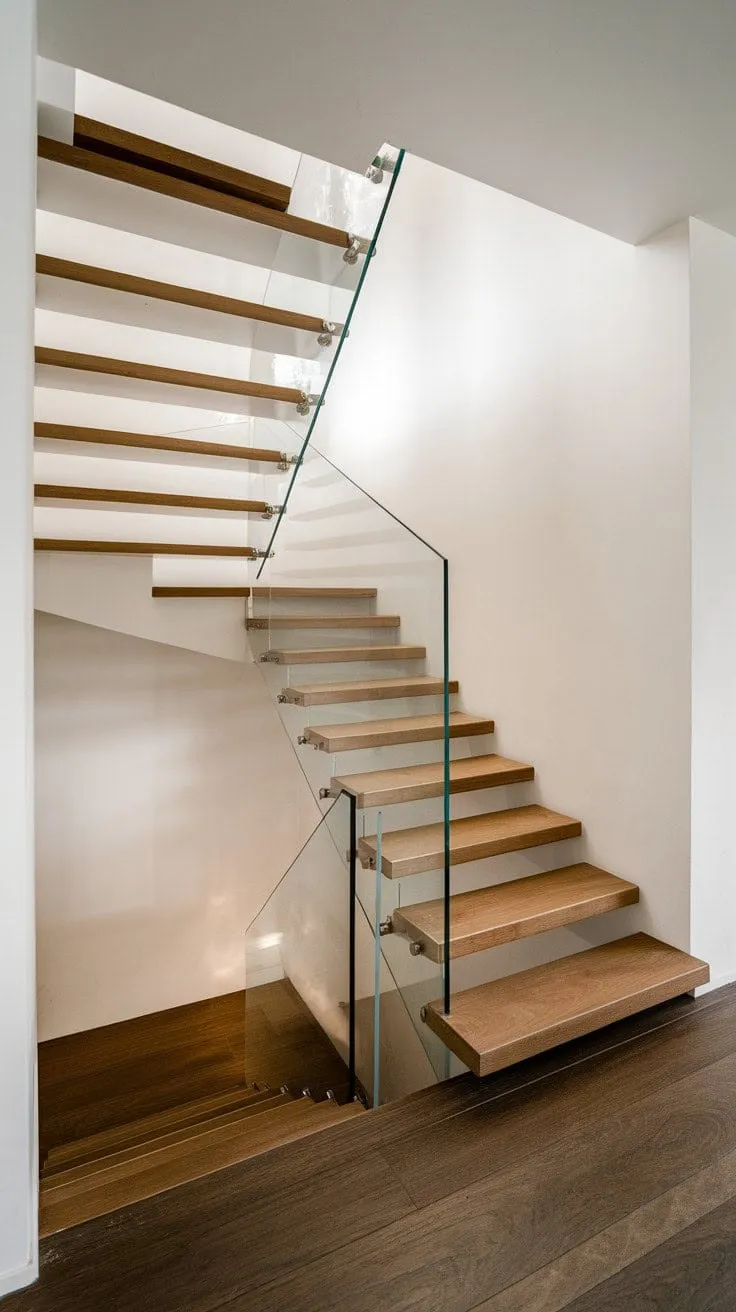 In this thoughtfully designed small space, clean lines and natural materials create an airy sophistication, highlighted by a floating staircase that balances intimacy and openness.