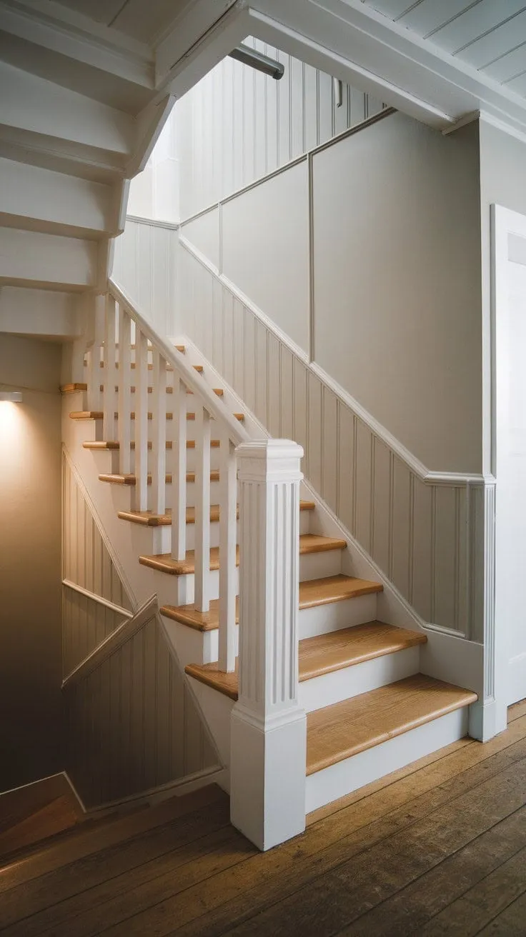This small-space staircase harmoniously blends pale wood and white railings with enchanting underlighting, showcasing the elegance of minimalist design.