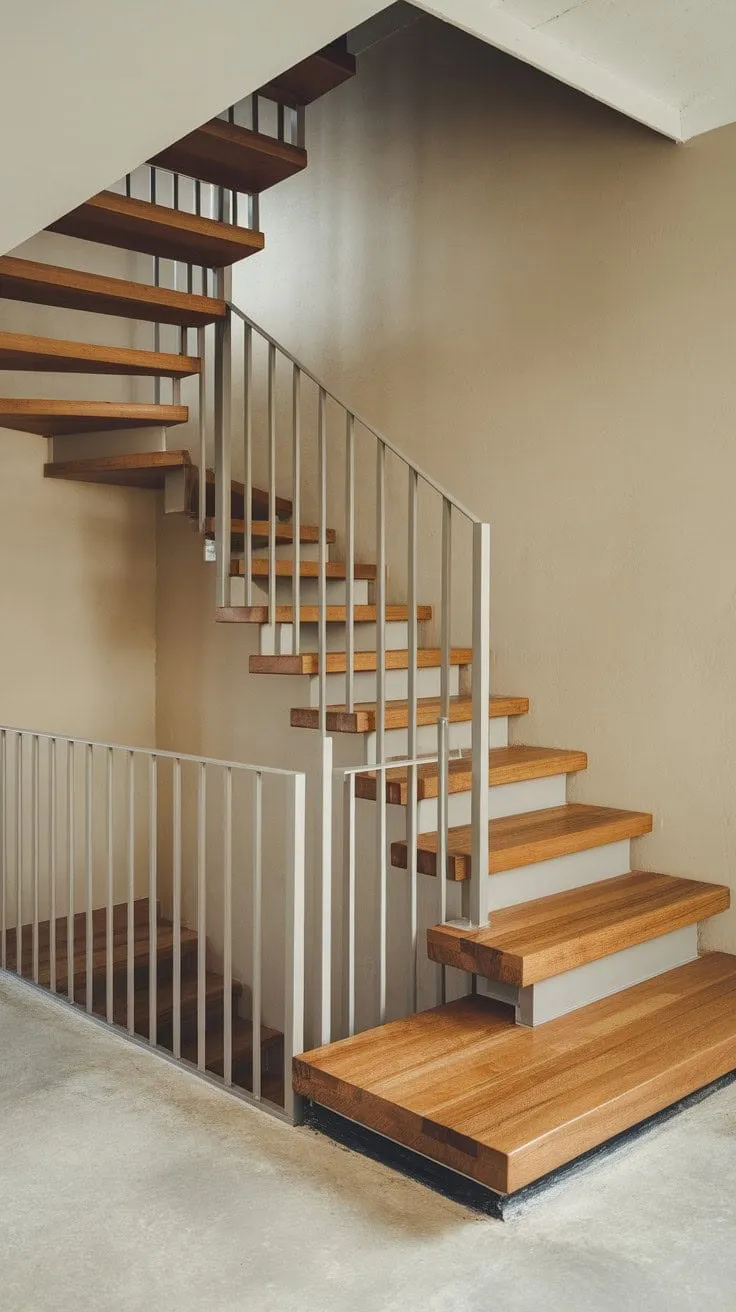 This minimalist staircase, featuring clean lines and a striking mix of warm wood, cool steel, and concrete, epitomizes understated elegance in a Scandinavian-inspired home.