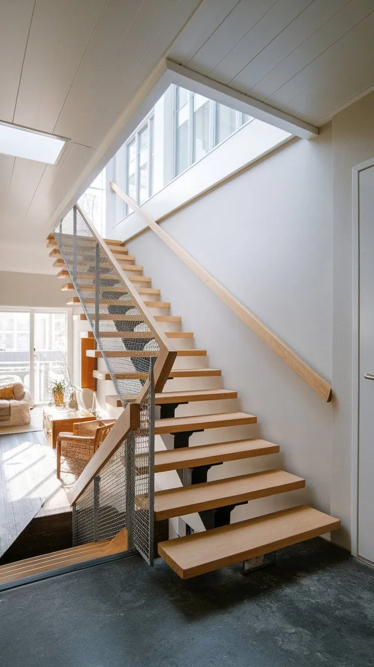 This Scandinavian-style staircase, a stunning fusion of warm wood and sleek metal, transforms a small space into an inviting haven of efficient elegance and natural light.
