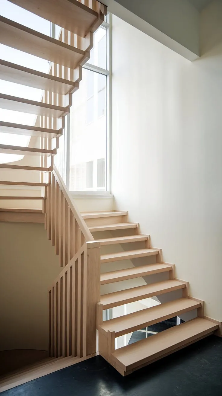 Sunlight streams through the window, illuminating the clean lines of this minimalist staircase; a perfect blend of functionality and airy design. The light wood complements the dark floor, creating a subtle yet striking contrast. A testament to efficient space planning, this staircase effortlessly adds character to even the smallest home.