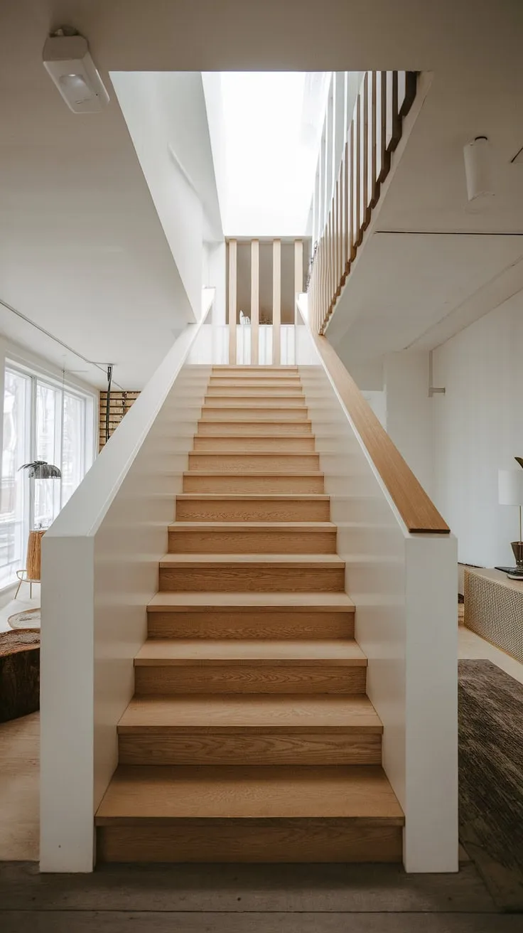 This compact yet stunning staircase, crafted from warm wood and accented by a crisp white railing, showcases the beauty of minimalist design. The natural light pouring in from above creates a bright and inviting atmosphere, perfectly complementing the aesthetic of the Scandinavian-inspired furniture. A testament to efficient space planning and sophisticated style.