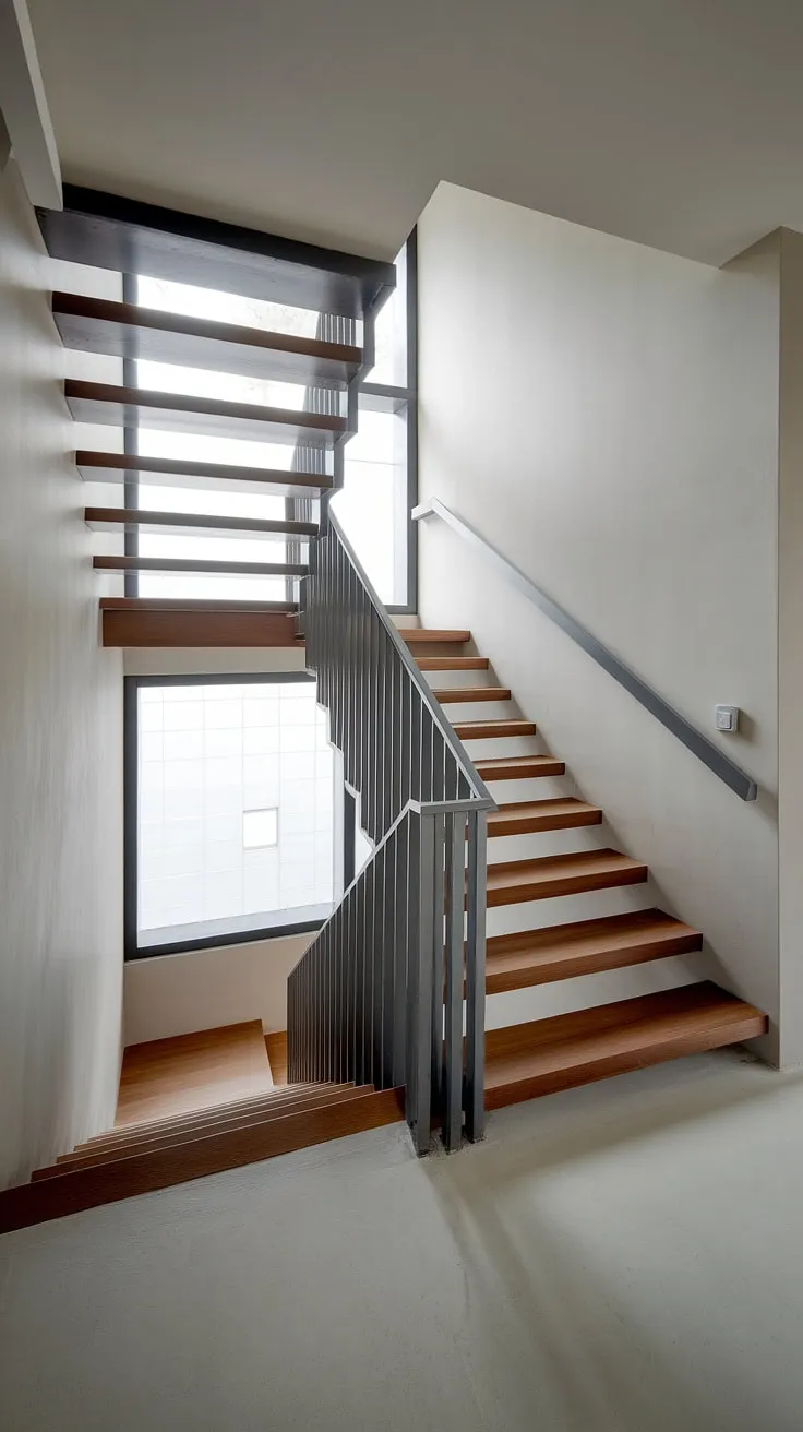 Architectural minimalism at its finest. The interplay of light wood and sleek black metal creates a striking contrast in this compact yet elegant space. A perfect blend of form and function, showcasing how even a small area can make a grand statement.