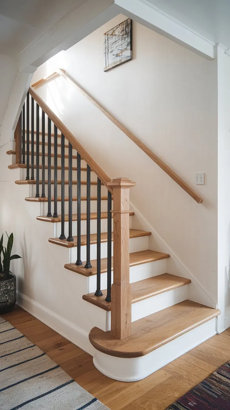 Minimalist design meets functionality in this small space, where a sleek metal and wood staircase climbs gracefully, its tapered treads hinting at a journey upwards. The Scandinavian aesthetic is perfectly complemented by the warm wood and the clean white walls.