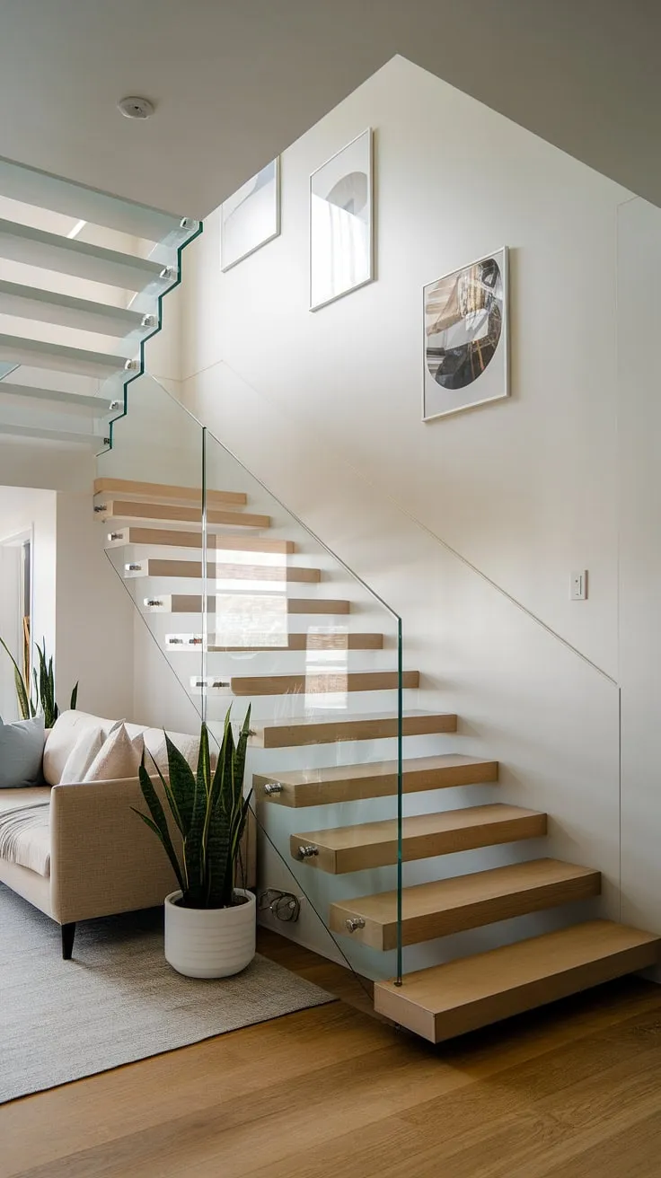 This modern staircase, a stunning blend of glass and wood, is the focal point of this small but perfectly formed living space. Its minimalist design maximizes the sense of openness, allowing natural light to flow freely and creating a calm, sophisticated atmosphere.
