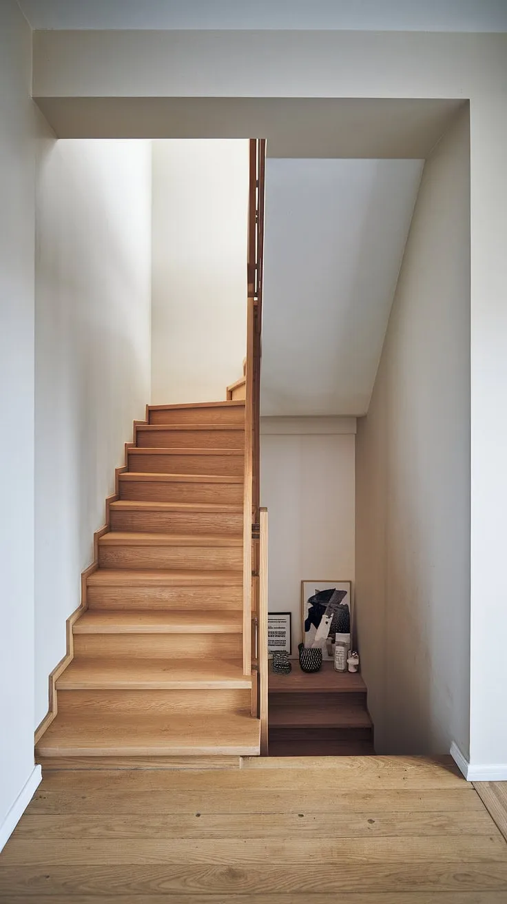 This compact yet elegant staircase showcases the beauty of simplicity. The light wood and white walls create a bright and airy atmosphere, while the carefully chosen accessories add subtle personality without overwhelming the space's minimalist aesthetic. A perfect example of Scandinavian design at its finest.