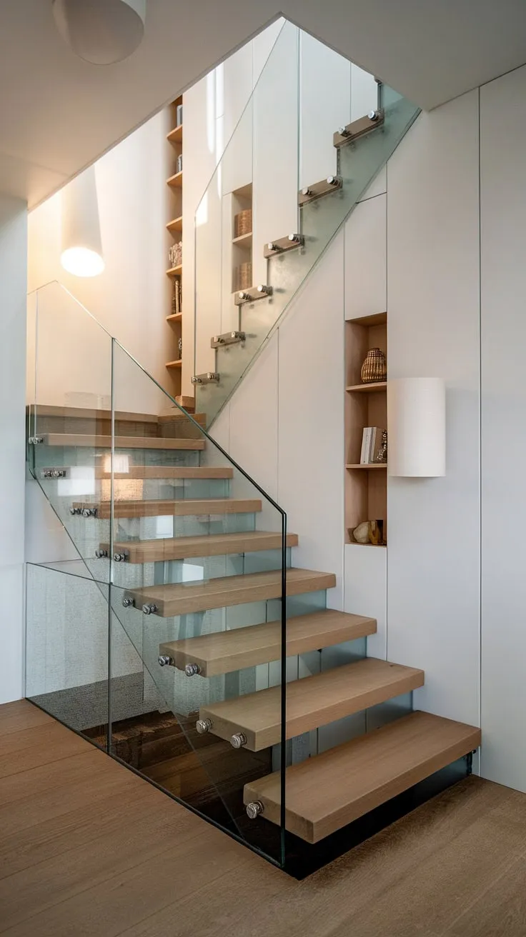 Sunlight streams through the glass railing of this minimalist staircase, highlighting the warm wood tones and clean lines of the Scandinavian-inspired home. The built-in shelving and subtle lighting complete the airy, inviting atmosphere.