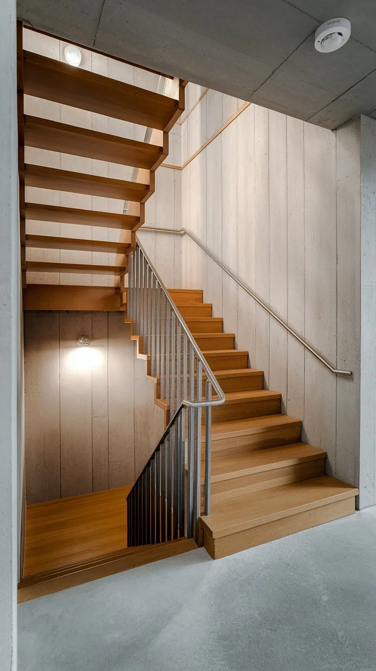 Ascending to serenity: This wooden staircase, bathed in soft light, is the heart of this small, Scandinavian-inspired home. The minimalist design and concrete walls create a calming atmosphere, showcasing the beauty of understated elegance.