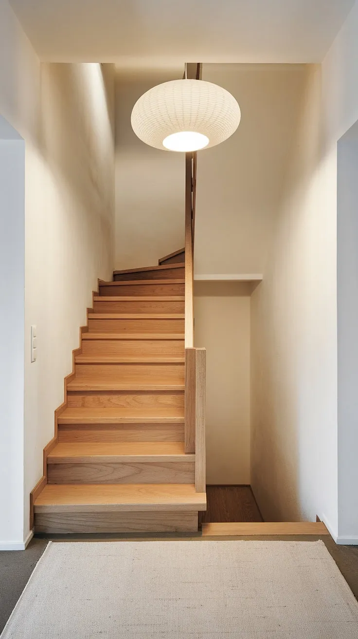 Ascending to simplicity: This small space feels expansive thanks to the airy design of the wooden staircase, illuminated by a soft, overhead glow. A testament to the beauty of understated elegance in Scandinavian interior design.
