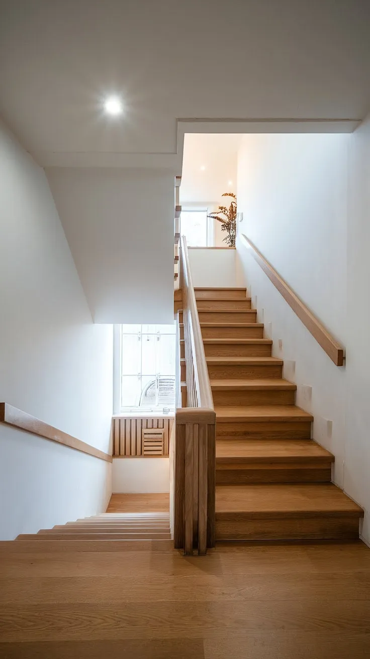 A floating staircase, crafted from light-toned wood, gracefully ascends in this bright, small home. A minimalist masterpiece, the clean lines and recessed lighting create a sense of calm and spaciousness. A truly inspiring use of vertical space.