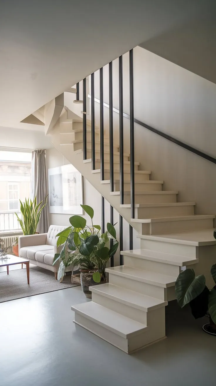 Effortless elegance meets compact living. This minimalist Scandinavian staircase, with its sleek white and black design, seamlessly integrates into the open-plan space, maximizing light and creating a sense of airy spaciousness. A perfect blend of form and function for a modern home.