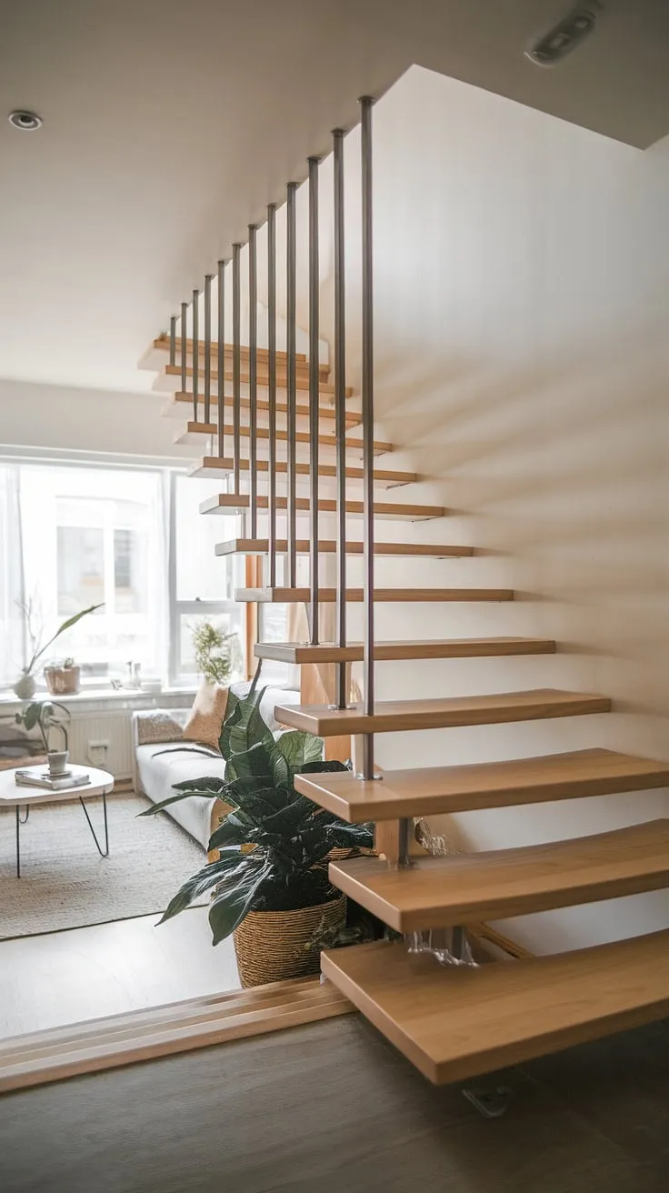 Clean lines and a minimalist aesthetic define this Scandinavian-inspired home, where the open stringer staircase acts as a sculptural element, seamlessly connecting the levels. The contrast of light wood and black steel creates a striking yet harmonious focal point.