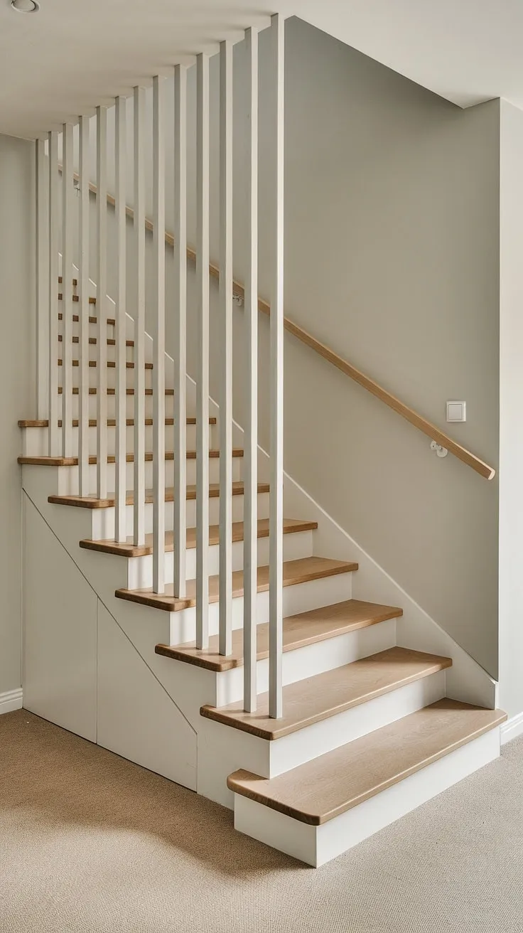 Ascending to serenity: This small house's staircase showcases the beauty of simple elegance. The contrast between the white railing and wooden steps, set against the light grey wall, is a masterclass in Scandinavian minimalism. A perfect example of how less can truly be more.