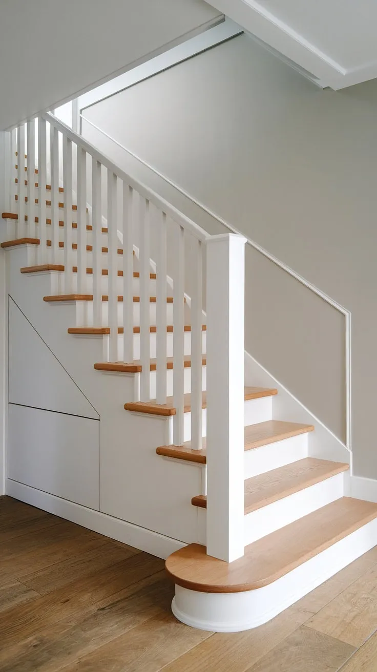 The minimalist staircase, a testament to clean lines and functional design, ascends gracefully against the soft grey wall, perfectly complementing the Scandinavian aesthetic of this cozy home. Its light wood treads and white railing create a sense of airy spaciousness. A perfect blend of form and function.