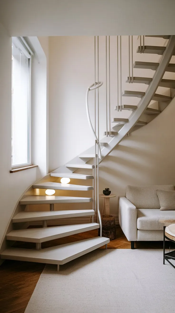 Effortless elegance in a small space. This minimalist Scandinavian staircase, with its sleek white metal railing and subtly illuminated wooden steps, perfectly complements the airy living room, proving that even a limited square footage can accommodate stunning design.