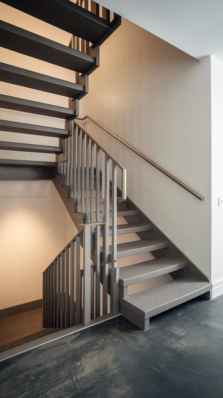 A minimalist marvel: This dark grey wood and brushed stainless steel staircase makes a striking statement in a small space, showcasing the beauty of Scandinavian design. The clean lines and sophisticated materials create a sense of airy elegance, perfectly complementing the concrete floor and white walls.