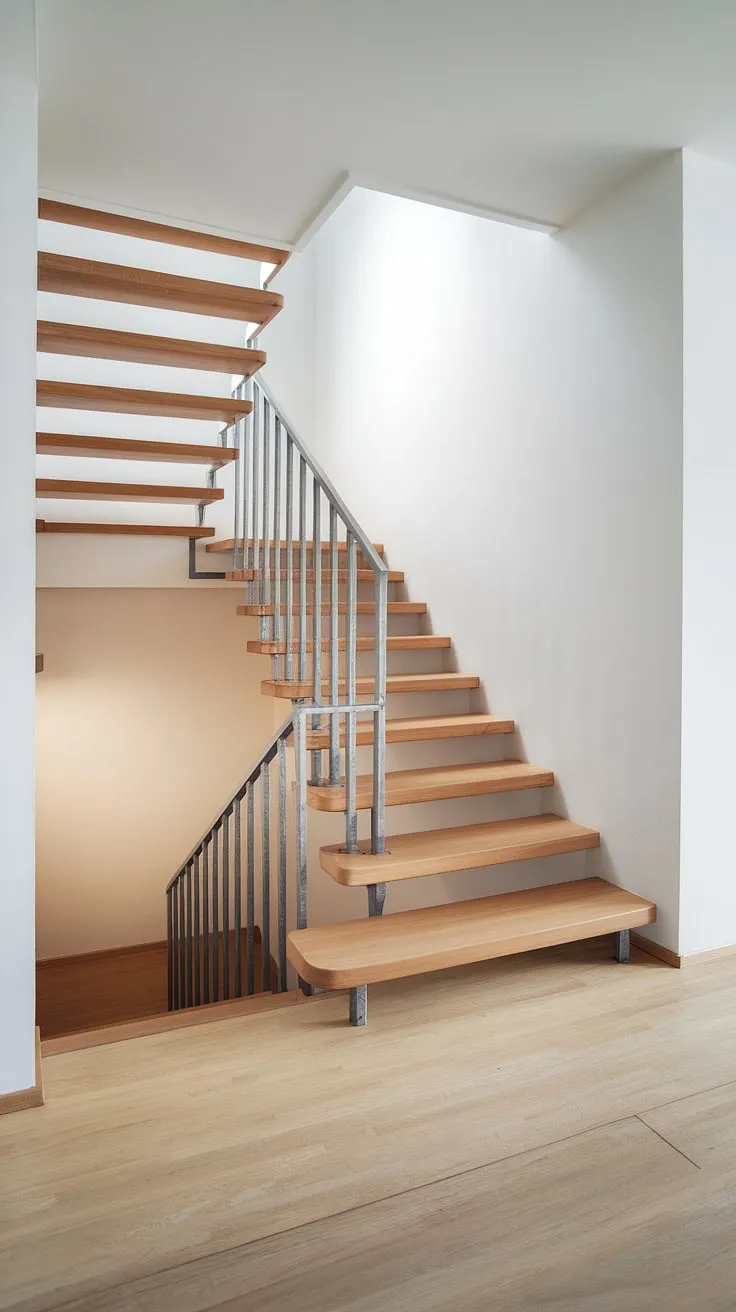 A perfect blend of functionality and form, this staircase showcases the beauty of minimalist design. The pale wood and white walls create a bright and welcoming atmosphere, while the metal railing adds a touch of modern sophistication. A stunning example of Scandinavian simplicity.