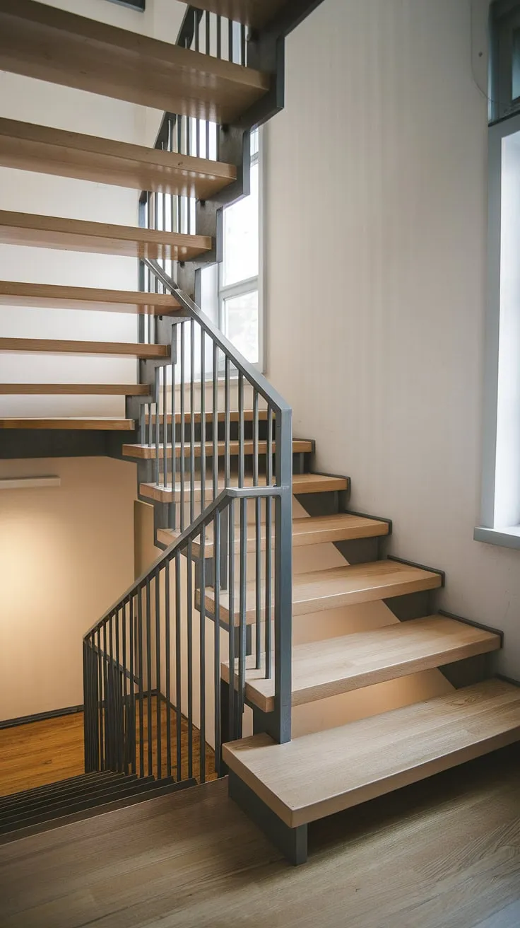Clean lines and natural light define this minimalist Scandinavian staircase. The contrast between the light wood and dark metal creates a striking yet harmonious focal point in this small, modern home. A perfect blend of form and function, it's a testament to thoughtful design. A space where simplicity meets elegance.