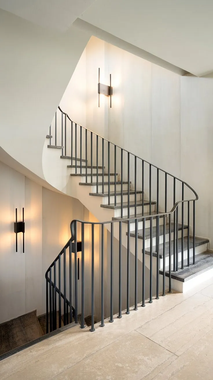 Clean lines and minimalist design define this Scandinavian-inspired staircase. The black metal railing contrasts beautifully against the white walls and beige tile floor, creating a sophisticated and airy feel. A perfect blend of form and function, it's a statement piece that elevates the entire home.