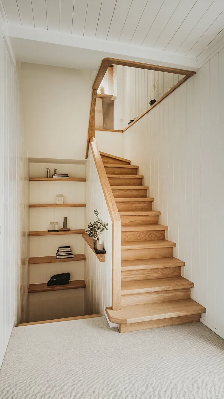 A stunning example of Scandinavian design, this compact staircase seamlessly integrates storage and style. The light wood and white walls create a bright and airy atmosphere. A space-saving marvel, it proves that functionality and aesthetics can coexist beautifully. A true inspiration for small-space living.
