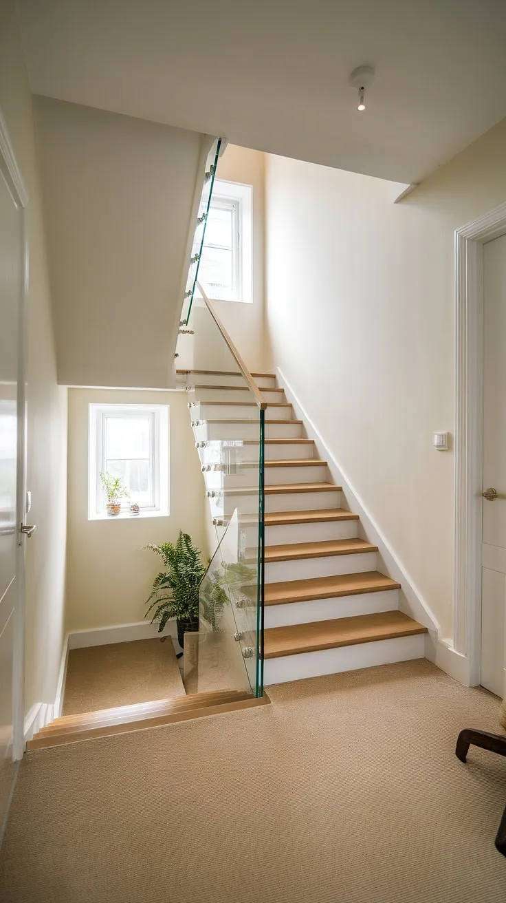 Sunlight streams through the small window, illuminating the minimalist elegance of this Scandinavian-style staircase. The light wood steps and glass railing create an airy feel, perfectly complementing the neutral color palette and simple lines of the small house. A perfect blend of form and function.