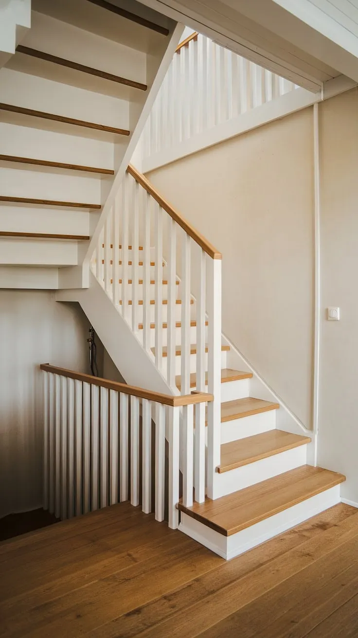 A minimalist marvel: This angled staircase, crafted from light wood and pristine white, maximizes space in this charming Scandinavian home, showcasing a perfect blend of form and function. The clean lines and natural materials create a sense of calm and airy elegance.