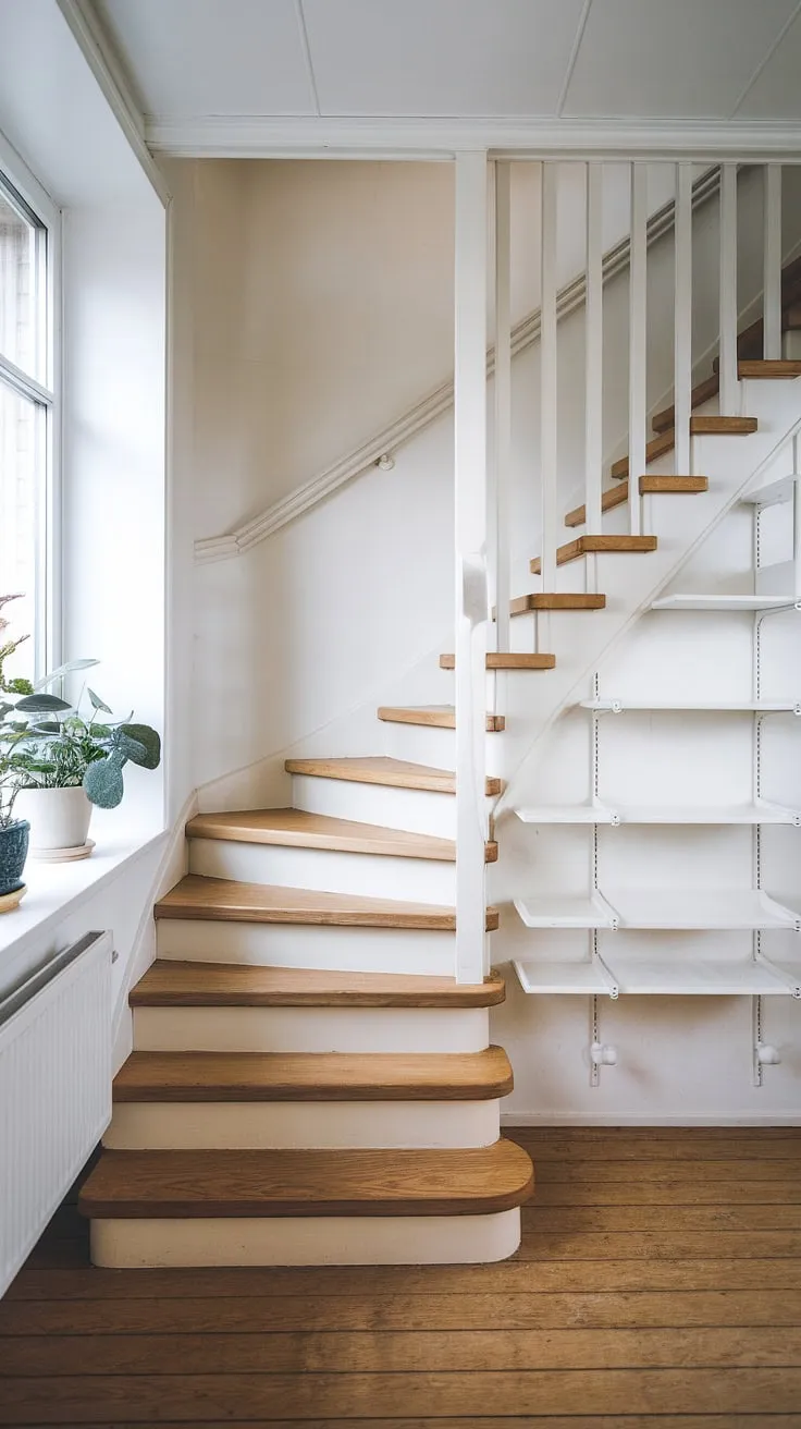 Sunlight streams through the window, illuminating the clean lines of this minimalist staircase; a perfect example of Scandinavian design, showcasing the beauty of simple, natural materials. The floating shelves add a touch of understated elegance.