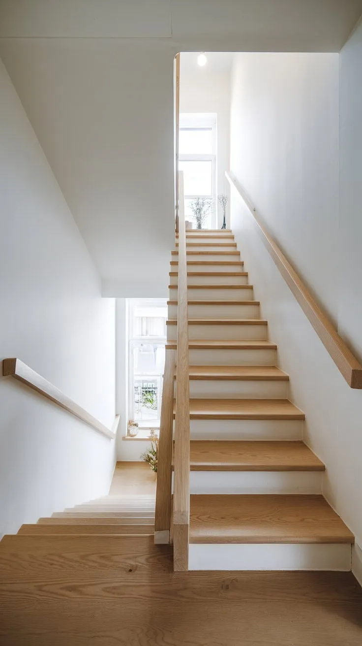 This compact yet stylish staircase, crafted from light wood, maximizes space and adds a touch of Scandinavian minimalism to this bright, airy home. A perfect example of how functionality and beauty can coexist.