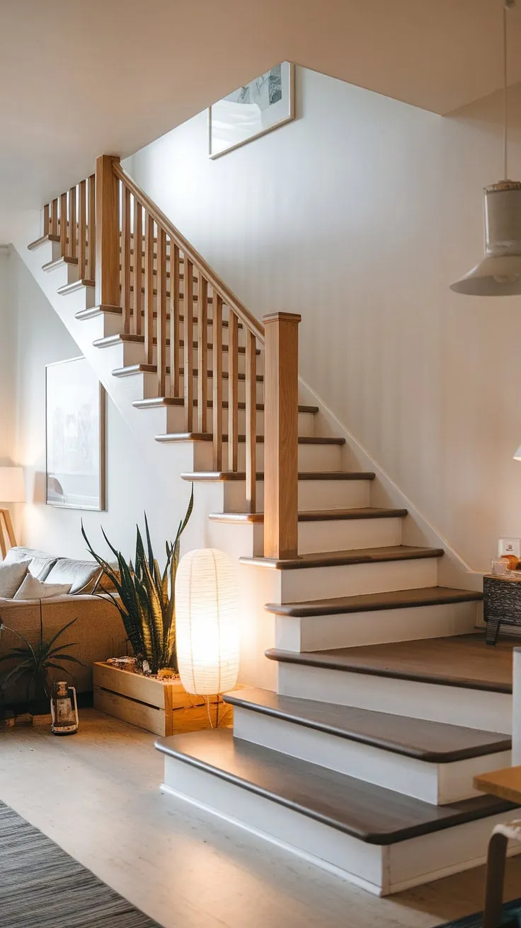 Ascending to serenity: A modern staircase, crafted from light wood and bathed in the soft glow of a floor lamp, anchors this bright Scandinavian living space. The simple design, complemented by a potted plant and wooden storage, creates a calming and inviting atmosphere.