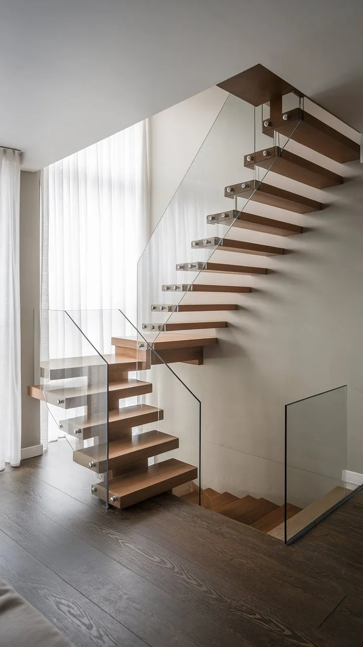 Light floods this minimalist Scandinavian space, illuminating the clean lines of the wooden staircase and its glass railing. The airy design maximizes the sense of space, a testament to thoughtful, functional design. A perfect blend of form and function, this staircase effortlessly connects the levels.