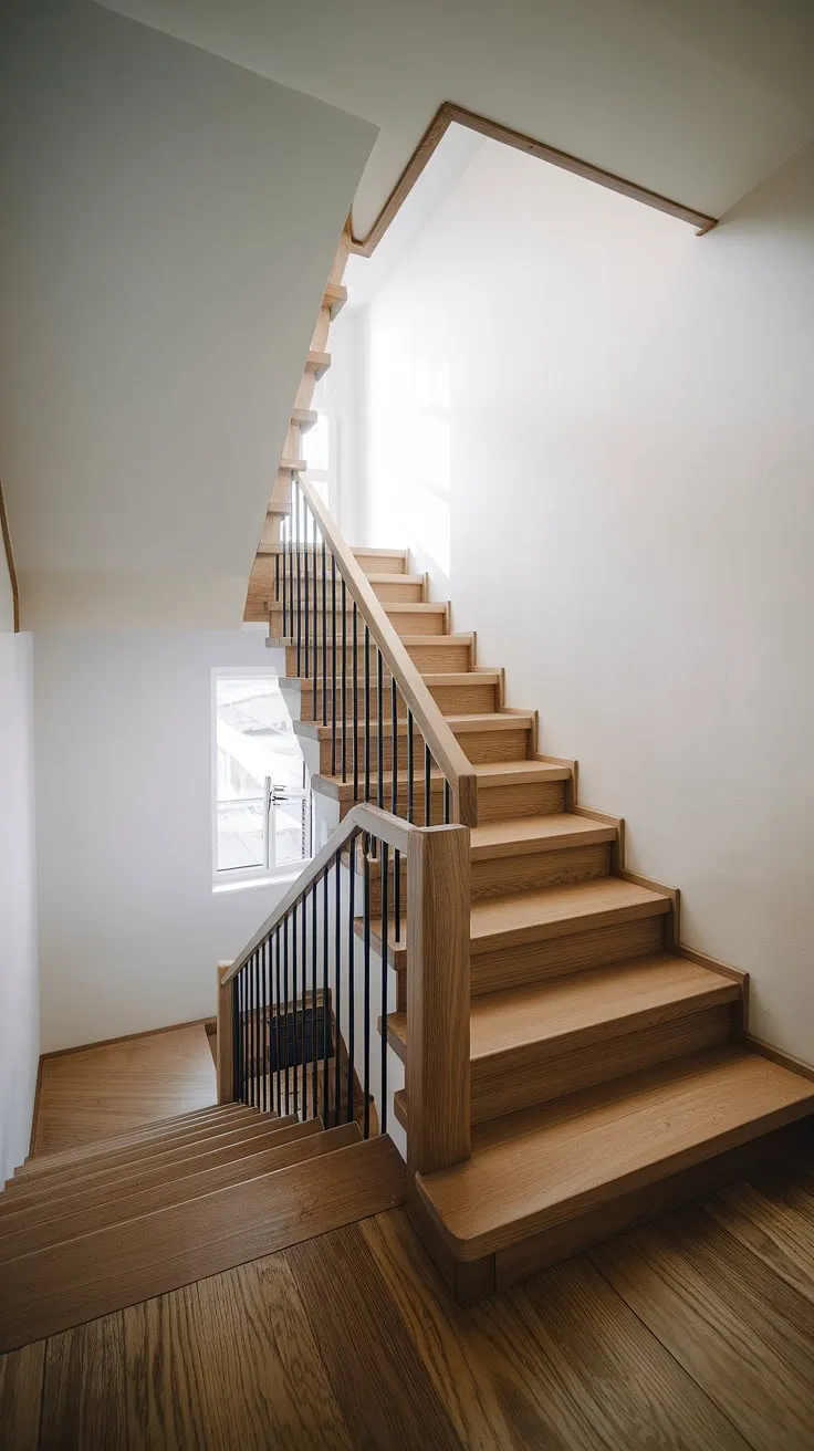 Effortless elegance in a minimalist haven. The clean lines of this wooden staircase, a testament to Scandinavian design, perfectly complement the light-filled space. A true statement piece, it seamlessly blends form and function.