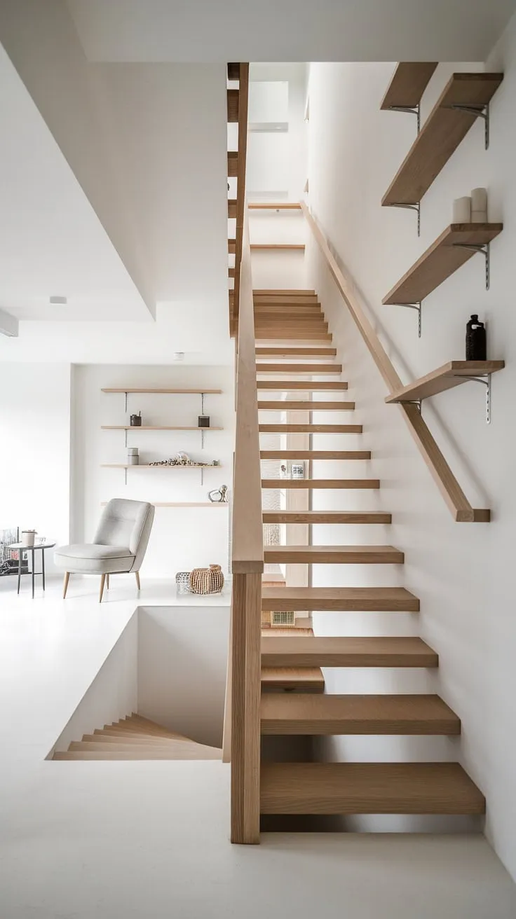 A marvel of modern design, this small yet stunning staircase effortlessly blends form and function. Its minimalist aesthetic, featuring a light wooden railing and a small footprint, maximizes space without compromising on style. A perfect example of how clever design can transform a limited area into a bright and inviting space.
