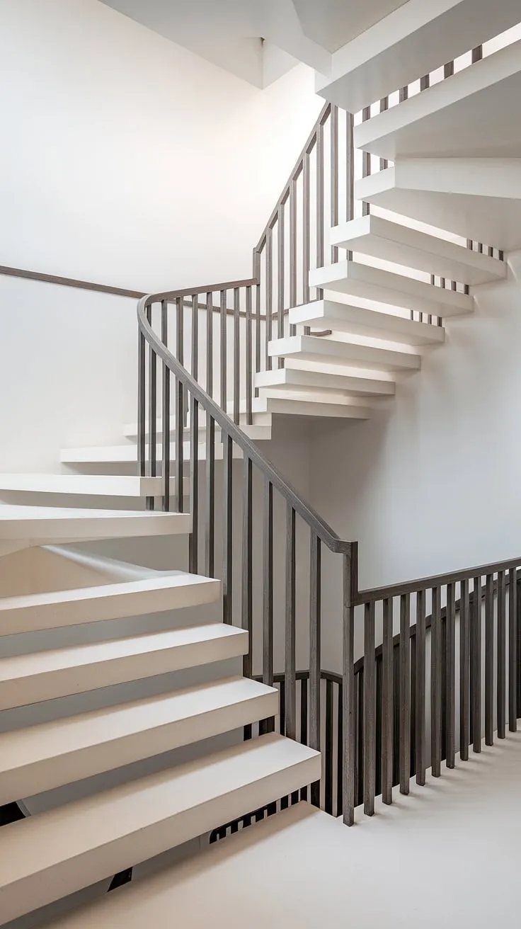 Architectural purity. The floating staircase, a testament to minimalist design, effortlessly blends form and function. A seamless transition between levels, achieved with clean lines and dark wood accents, creates a sense of airy spaciousness. A true masterpiece of modern design.