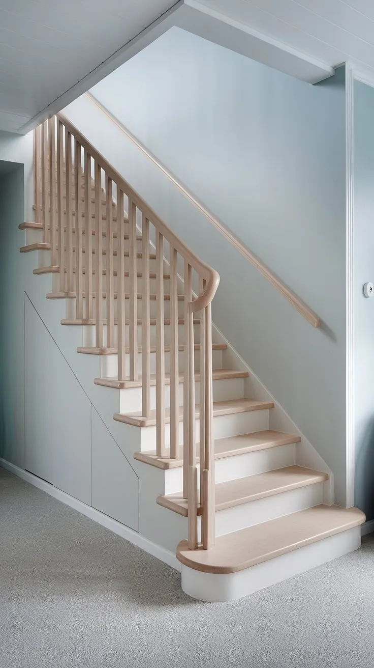 A testament to smart design, this floating staircase maximizes space without sacrificing style. The crisp white wood and pale blue wall create a bright and airy atmosphere, showcasing the beauty of minimalist living in a Scandinavian-inspired home.