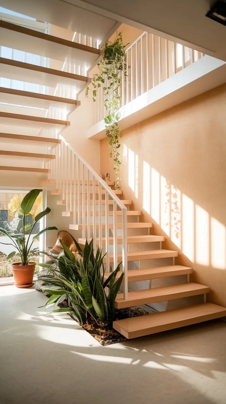 Effortless elegance. This floating staircase, a testament to minimalist design, seamlessly integrates with the warm, natural light of this Scandinavian-inspired home. The clean lines and light wood treads create a sense of airy spaciousness, perfectly complemented by the subtle beige walls and flourishing greenery. A true sanctuary of calm.