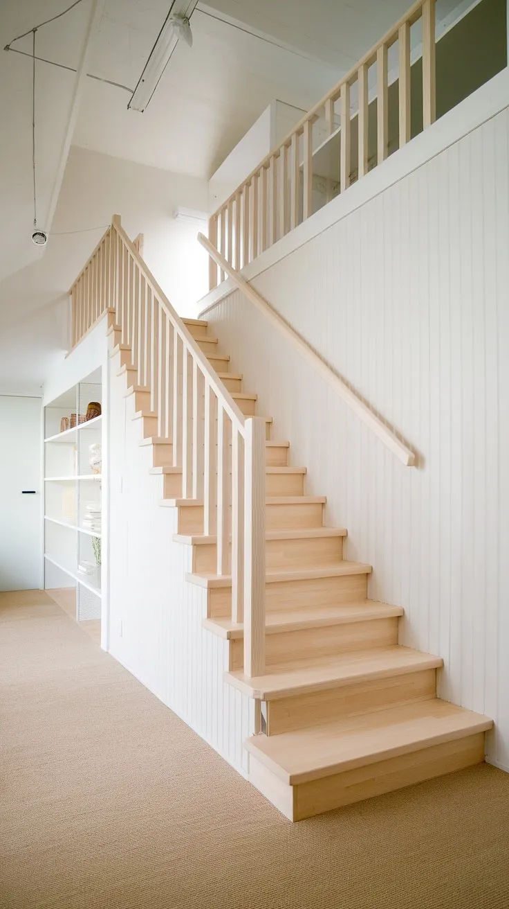 A simple, elegant staircase, crafted from light wood, connects the main living area to a peaceful loft space. The understated design, with its clean lines and neutral palette, is a testament to the beauty of simplicity. A perfect example of understated luxury.
