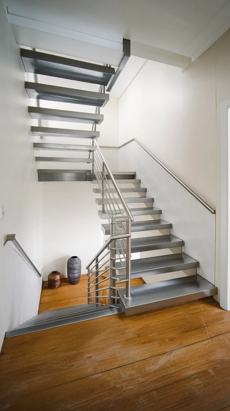This compact staircase, a testament to clever design, utilizes polished steel for a modern, industrial feel within a bright, minimalist Scandinavian setting. The clean lines and strategic landing maximize space, while the subtle decorative accents add a touch of warmth. A stunning example of efficient, stylish living.