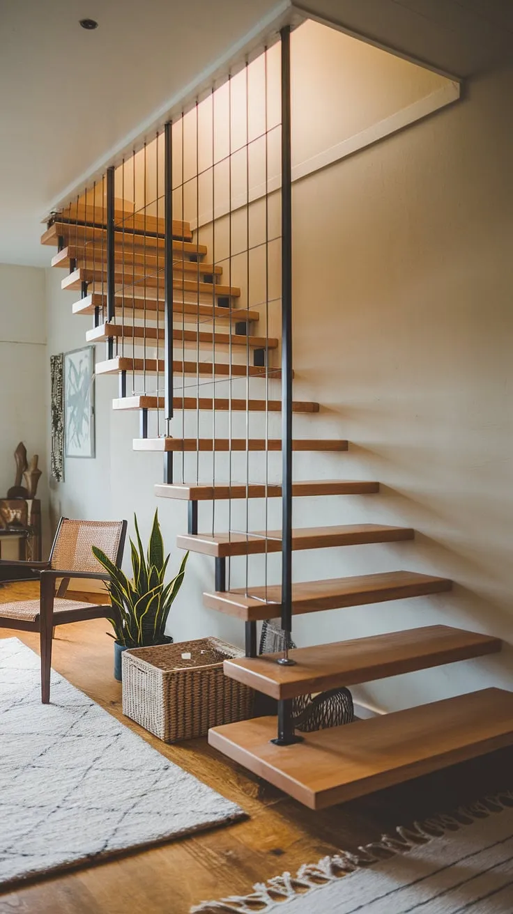 A quiet sanctuary unfolds with each step. This small home's staircase, crafted from rich oak and accented by a modern black metal railing, is more than just a passageway; it's a design statement. A perfect blend of functionality and understated elegance.