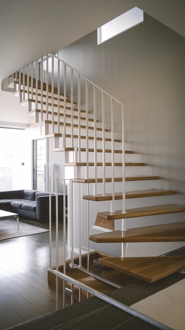 Ascending to serenity: This modern staircase, a study in minimalist design, anchors the open-plan living area. The glossy wooden treads and white metal railing create a striking contrast against the light grey walls and dark grey sofa, achieving a sophisticated Scandinavian aesthetic. A perfect example of how simple details can elevate a home.