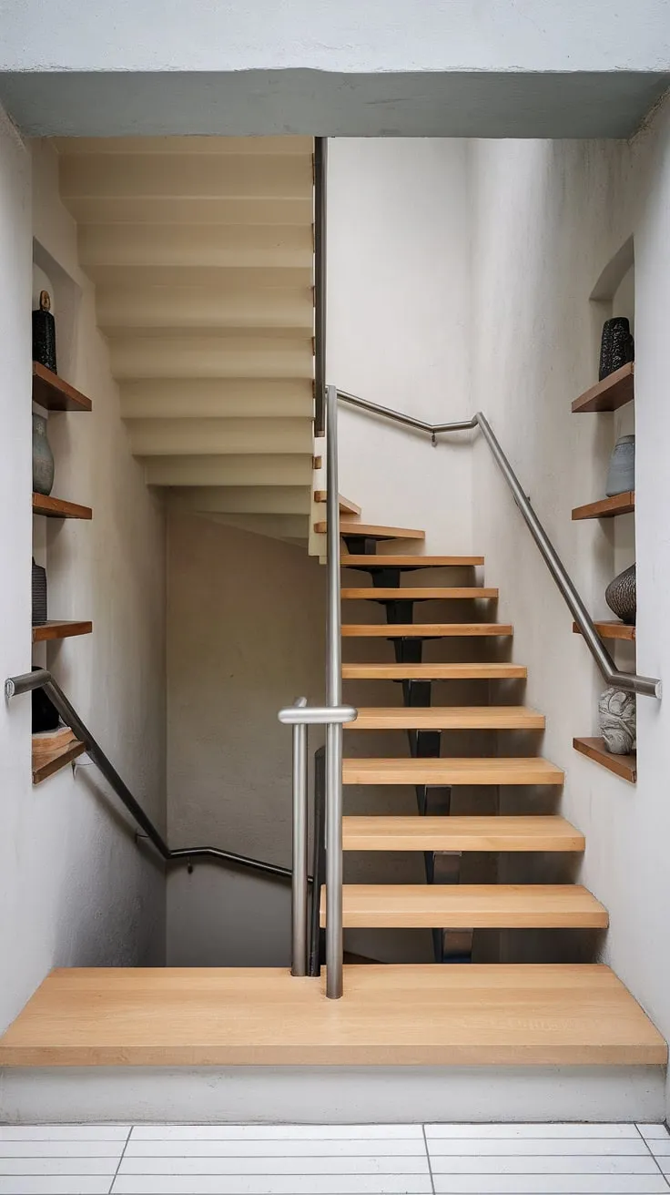 Architectural grace in its purest form. The seamless flow of light wood and sleek steel creates a minimalist masterpiece, showcasing how even a small space can be elevated with thoughtful design. A testament to clean lines and functional beauty. A perfect blend of form and function.